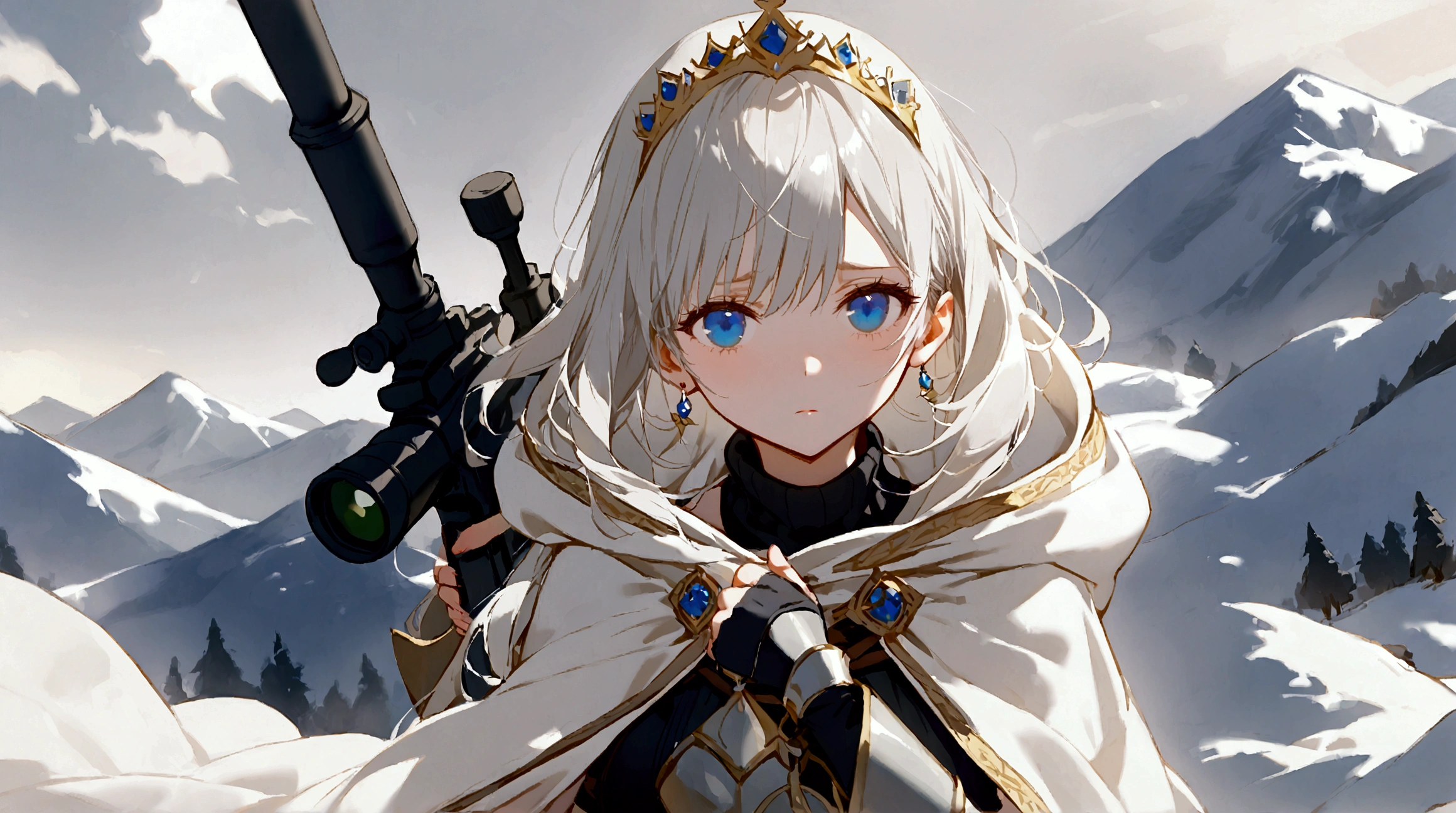 Girl with silver hair , with blue eyes ,  on her hair, a hairpin with a crown  ,  in a black turtleneck with open shoulders , wearing a warm white cloak with a hood  , , the girl is equipped with light armor, ry armor on her arms, shoulders and knees,   on her hair weighs a sniper rifle behind her back on her belt  , , the look is irritated and depressed  ,  The gaze is directed upwards ,  against the snowy mountains      