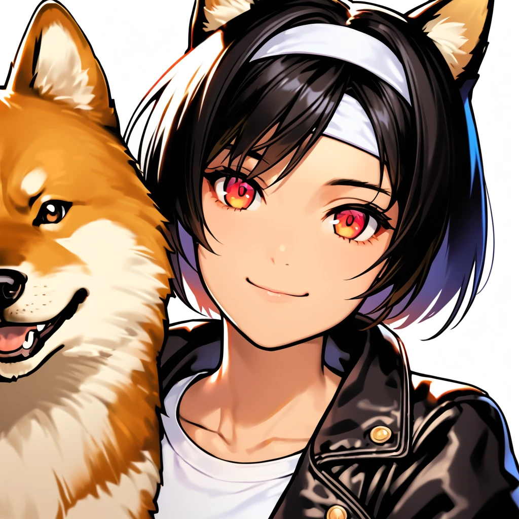 1 girl, fluorescence, (gaze focus:1.3,face focus:1.3,upper body:1.5),(gradient eyes:1.3), ((black leather jacket, rolled up sleeves)), fingerless gloves, ((white headband)), white T-shirt, (( Petting medium size Shiba Inu ))), black pants, white shoes, brown belt, short cut, black hair , red eyes, open mouth, (light smile:1.3), cute face, portrait