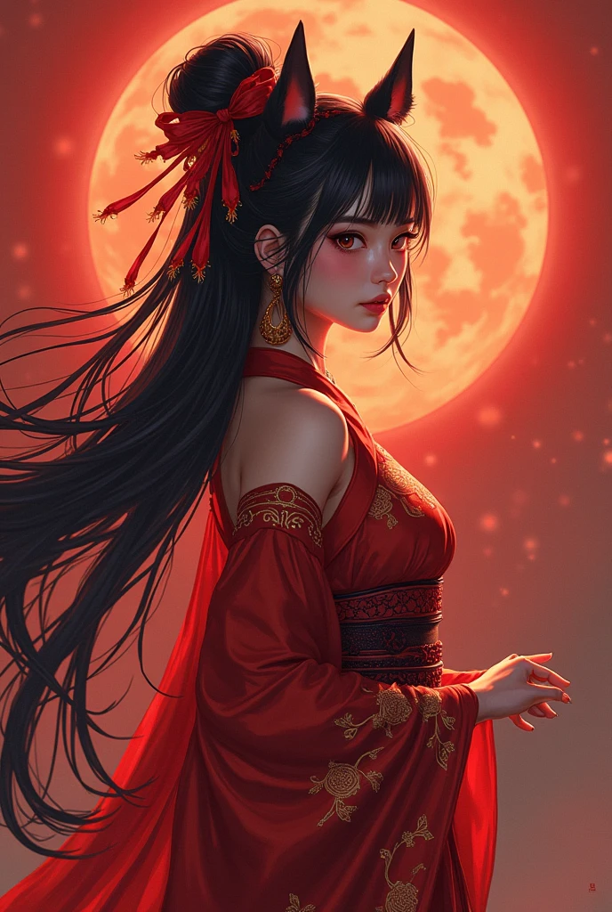 A blood moon hangs over a spiritual nexus, Japanese singer at the center, her voice echoing through the crimson-tinged air, stage alive with the presence of unseen spirits