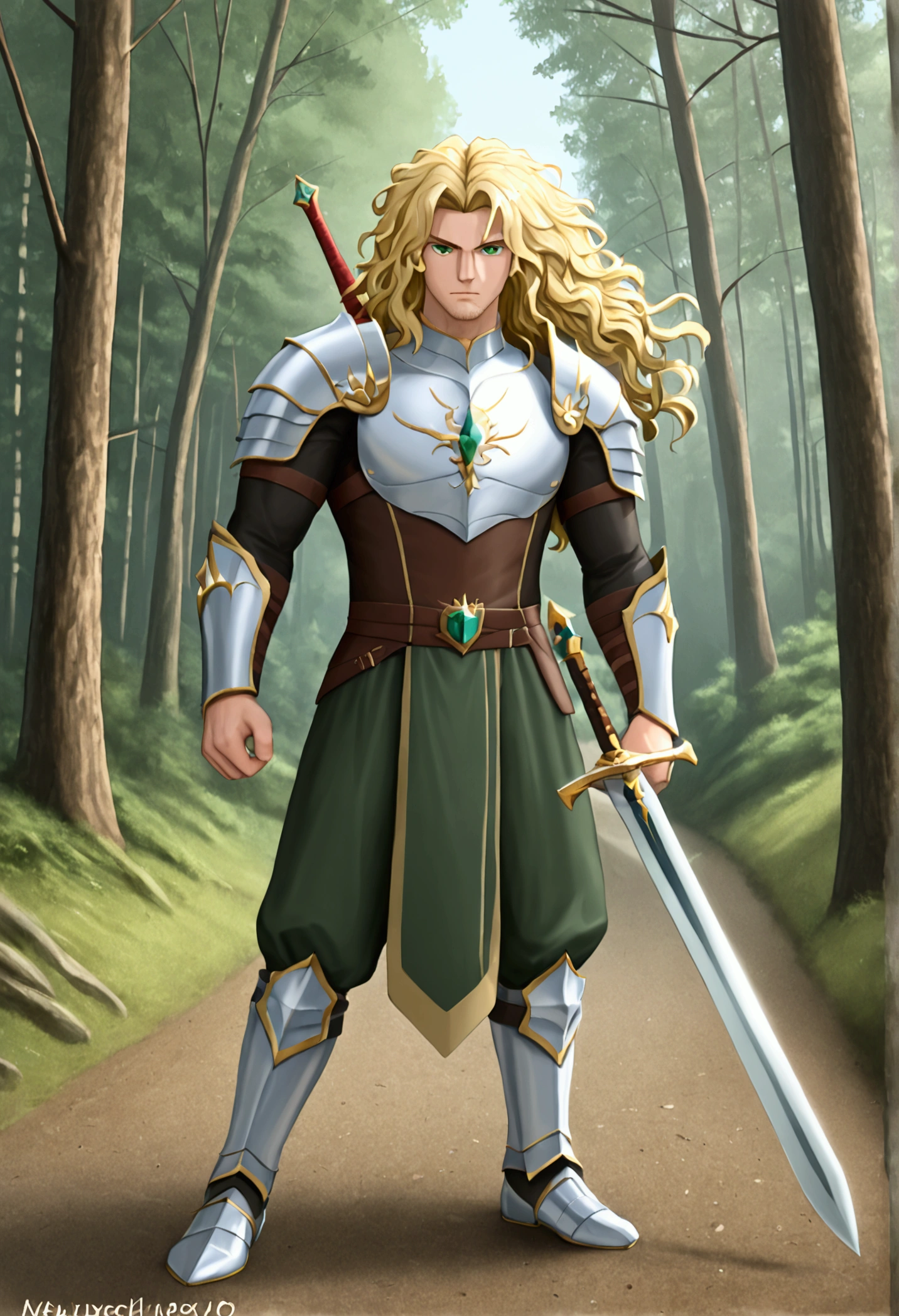 Human swordsman, male, masculine face, stubble, half dragon in human form, muscular, 30 year old, blonde hair color, shoulder length hair, disheveled hair, green eyes, beautifull face, light armor, masterpiece, holding sword, battle stance, forest road scene, near creek, bridge in background, detailed background, solo