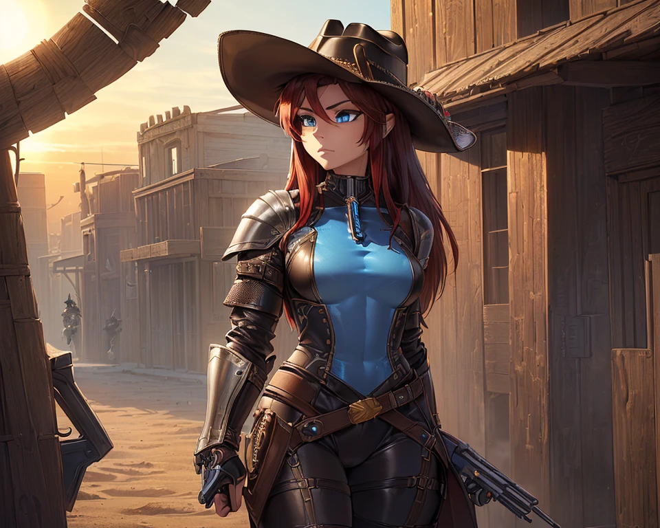 (masterpiece, best quality, ultra HD, 8k, wallpaper), cinematic view, full body view, front view, perfect body, perfect anatomy, curvaceous body, alluring, perfect hands, perfect eyes, detailed eyes, long round legs, round ass, meet the daring gunslinger, a captivating woman exuding confidence, strength, and mystery, standing at 5'8" with a slender yet athletic build, she owns her wild and untamed appearance with mid length red hair flowing down to her lower back, adding to her allure, her outfit screams adventure, featuring a burgundy, high-collared, sleeveless leather vest adorned with silver buckles and intricate stitching, beneath it, a fitted, ripped black shirt tells tales of her battles and escapades, completing her attire are knee-high black leather boots, engraved with intricate patterns, and dark brown leather pants offering flexibility, her weapons of choice, a pair of customized revolvers, are true works of art, polished silver frames with wild west engravings, blued barrels, and smooth dark brown wood handles that rest comfortably in specially designed quick-draw holsters on her hips, in this dusty western town, she stands amidst wooden buildings showing signs of action and adventure, the sun sets the sky ablaze with oranges and purples, while distant mountains loom majestically, few people walk the streets, allowing her to remain the center of attention, her pose and facial expression radiate her confidence and competence, the gunslinger is ready for anything that comes her way, add any creative elements to enrich the artwork and bring her dynamic character to life