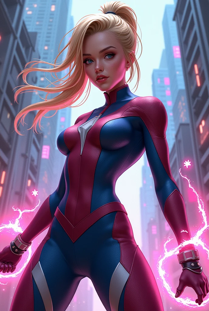 Gorgeous and alluring Blonde haired, violet eyed supervillain wearing a skintight pink and blue costume with a skirt.  She is using her mental powers to kill people.  A sinister smile across her thin red lips. Death and destruction everywhere. The people are panicking and trying to escape. Blood, death, dead men, destruction. Anime style 