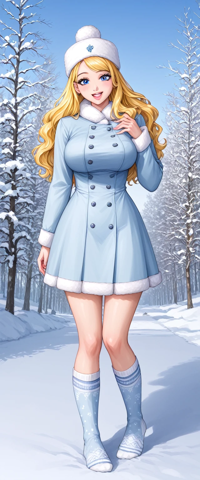 A beautiful Asian Soviet girl beautiful big breasted sexy kind happy happy long yellow hair wavy her blue eye thick black eyelash pink lip dresses warm white without buttons long winter sleeves and short white winter pants on socks metallic long cold winter boot winter cap Russian white