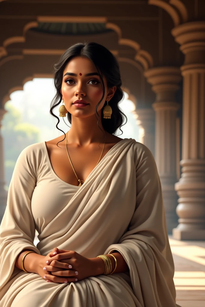 a beautiful young indian woman, detailed intricate saree, thin gold waist chain, large breasts, wearing hijab covering her head, glasses, hyper realistic, cinematic lighting, dramatic shadows, award winning digital art
