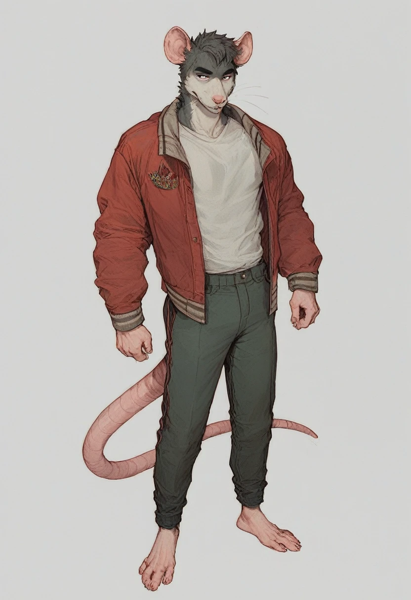 Anthropomorphic male furry rat，Character setting，Dark color scheme，The face is more human-like，Firm eyes, full body design, fullbody portrait