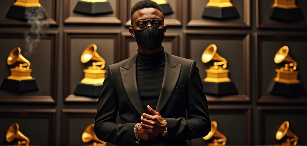 A confident Afro House music producer, a stylish Black man dressed in sleek, all-black attire, with a mask fully covering his face, exuding mystery and charisma. He holds a lit cigarette, adding an edgy vibe to his persona. Standing proudly in front of a 'Wall of Fame,' the backdrop is adorned with Grammy logos and golden accents, symbolizing musical excellence. The pose is bold and dynamic, perfect for a Grammy photo, radiating success, talent, and individuality