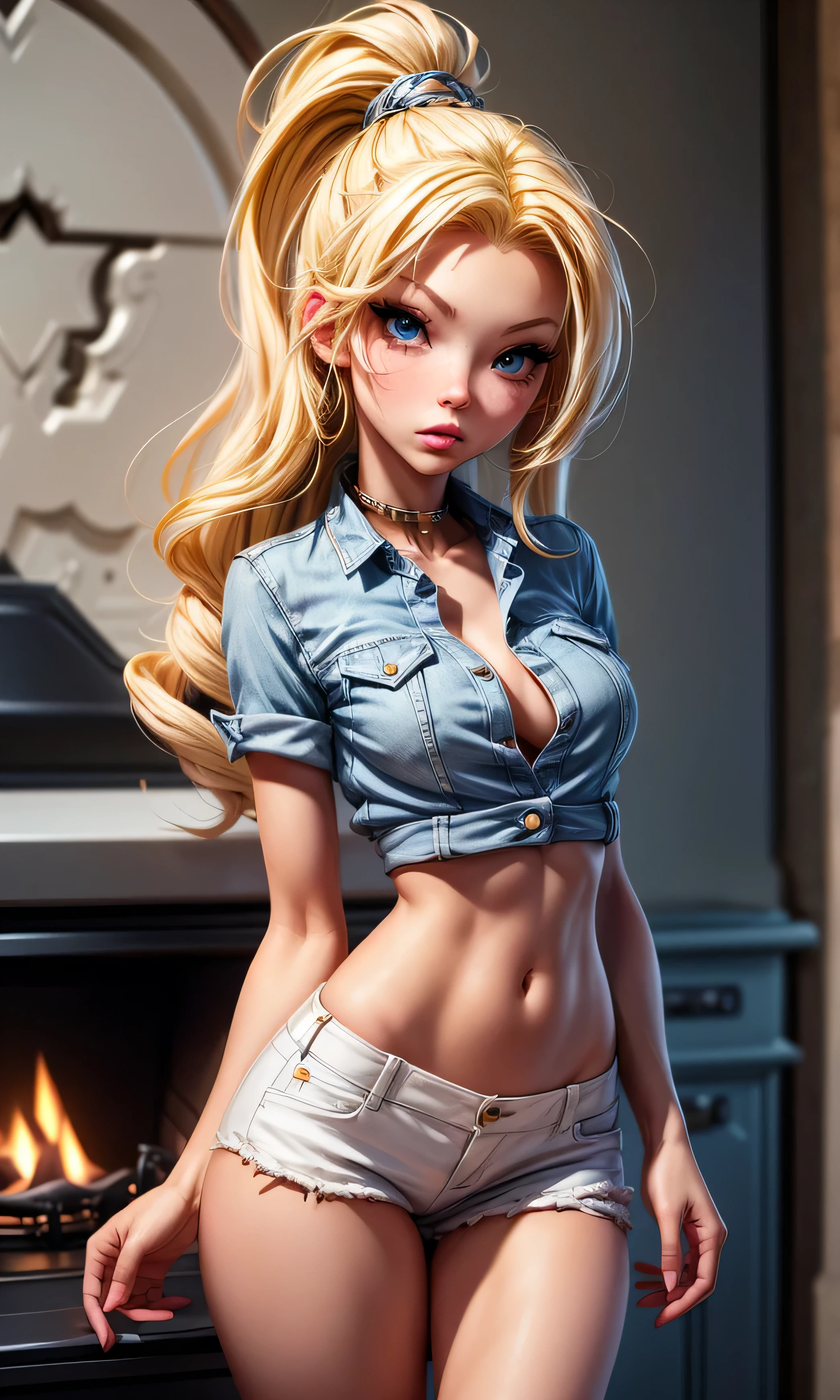  masterpiece, high detail, 1 girl, adolescent, Barbie Sins , beautiful, blonde,  blue eyes ,  long hair, slim,  full body,  flat chest , nice legs, top blanco, short jean rojo, sexy,