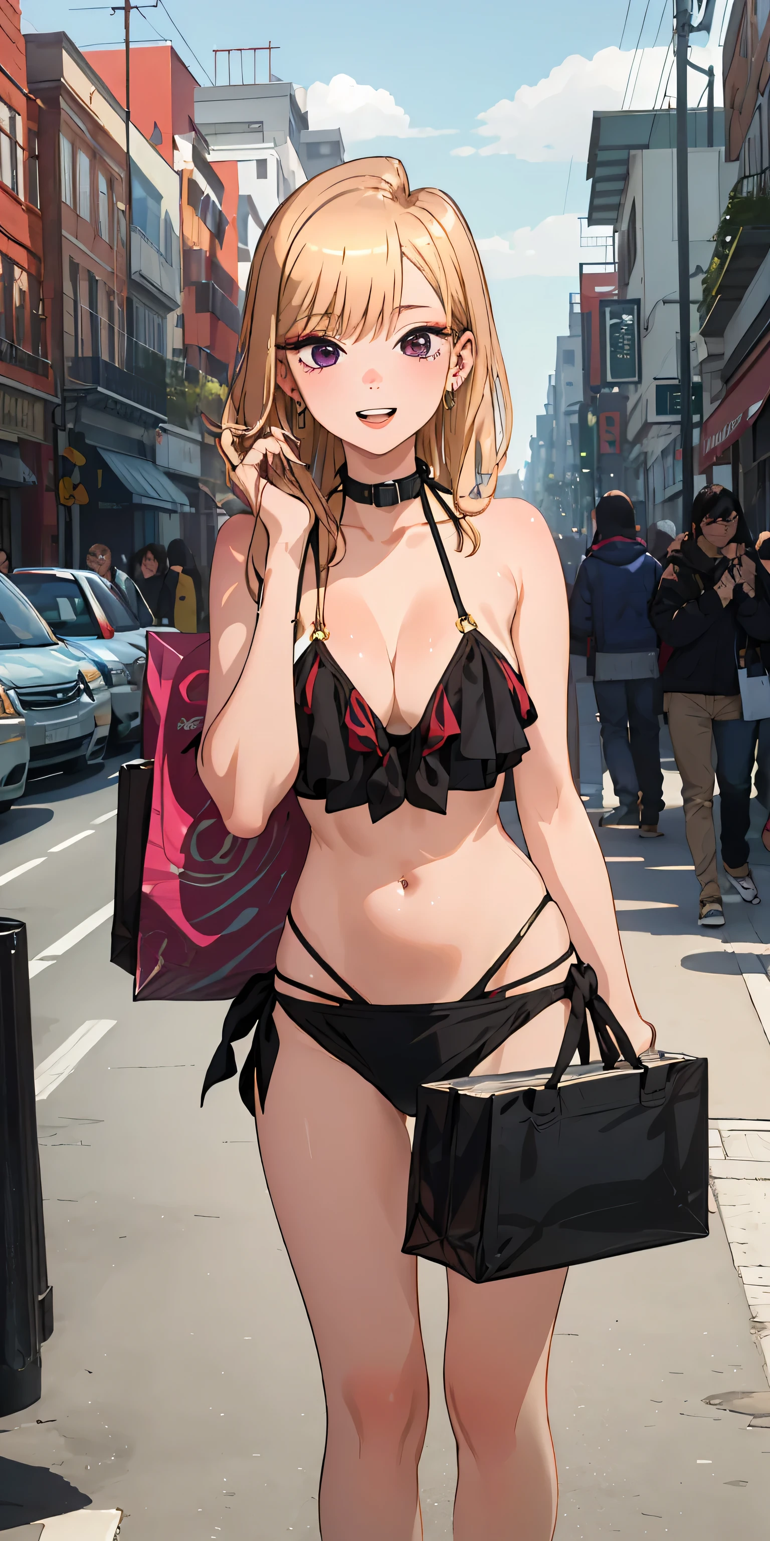 best quality, (masterpiece:1.2), detailed,
Beichuan Marine SB,
1 girl, alone, teeth, bright smile, earrings,
long hair, blonde hair, red eyes, colorful hair, black ribbon, black collar,
(((bikini))), (((白色bikini))),
Permanently installed, looking at the audience,
Outdoor activities, Shopping