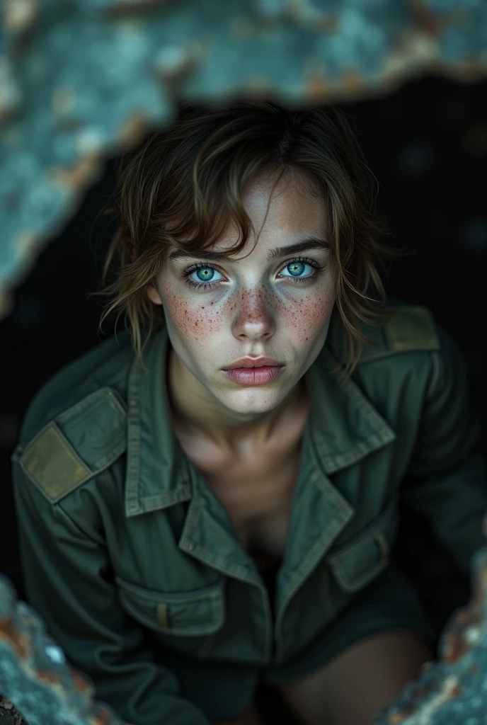 Highest quality, (dramatic lighting:0.7), masterpiece, high angle shot, RAW photo of (pale 21 year old woman with short hair, looking up at the viewer), cute, (wearing Tattered combat fatigues, Disheveled), (sitting inside a tank), portrait, perfect face, alluring eyes, vivid detail, (highly detailed skin), freckles, sfw, (blue tint:0.6), (dirty:0.8), (bloody:0.7), key lighting, (backlighting:0.5), medium depth of field, photographed on a Canon 5D, 50mm lens, F/4 aperture, (hyperdetailed, intricate details), sharp focus, muted colors, 8k, absurdres, 8mm film grain, war photography