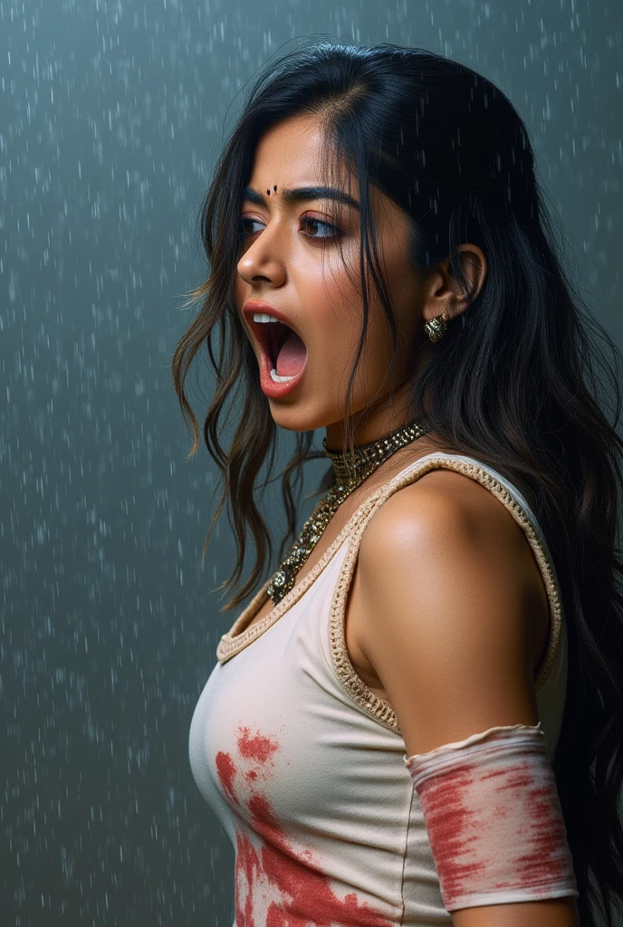 (RashmikaMandannaFlux) wears a shabby white vest，Tomb Raider 9 costume(cosplay) realistic，Long messy black hair, ((super dark skin))，The arm is wrapped in a bandage，Realistic details，It was raining heavily，Thermal vaporization、Rich particle effects,Seriously injured，Moaning，wretched，Bloody
