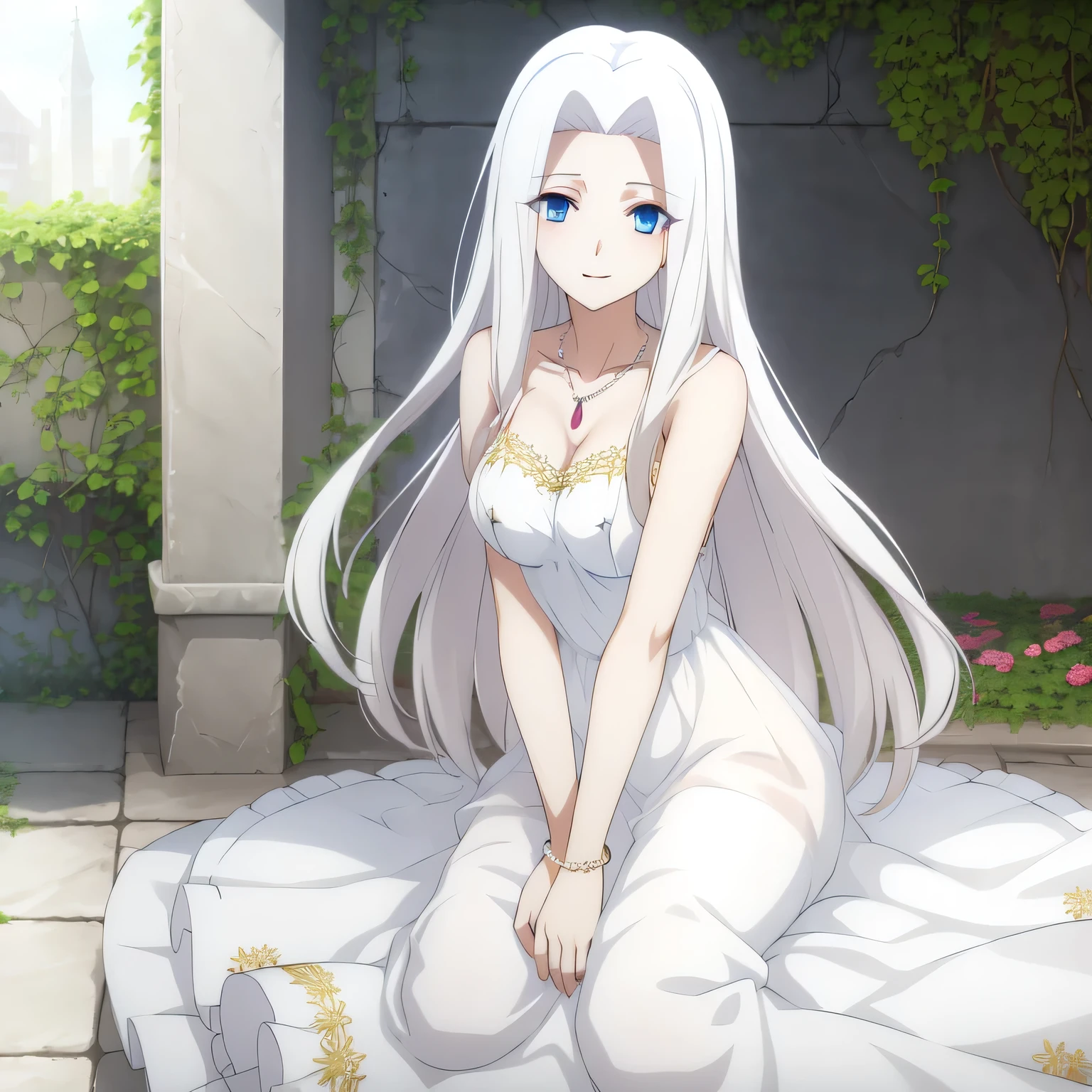 Irisviel,WHITE sheer dress sleeveless,solo,looking at viewer,beautiful smile,arm at side,Middle large size of breasts,beautiful jewelry necklace,pearls necklace,bracelet,high quality,embroidery on dress,Very feminine irisviel looking,,soo white skins,4k,60fps,HD,Barefoot,shadows on character body,high graphics,in garden,blue eyes,lustfully irisviel