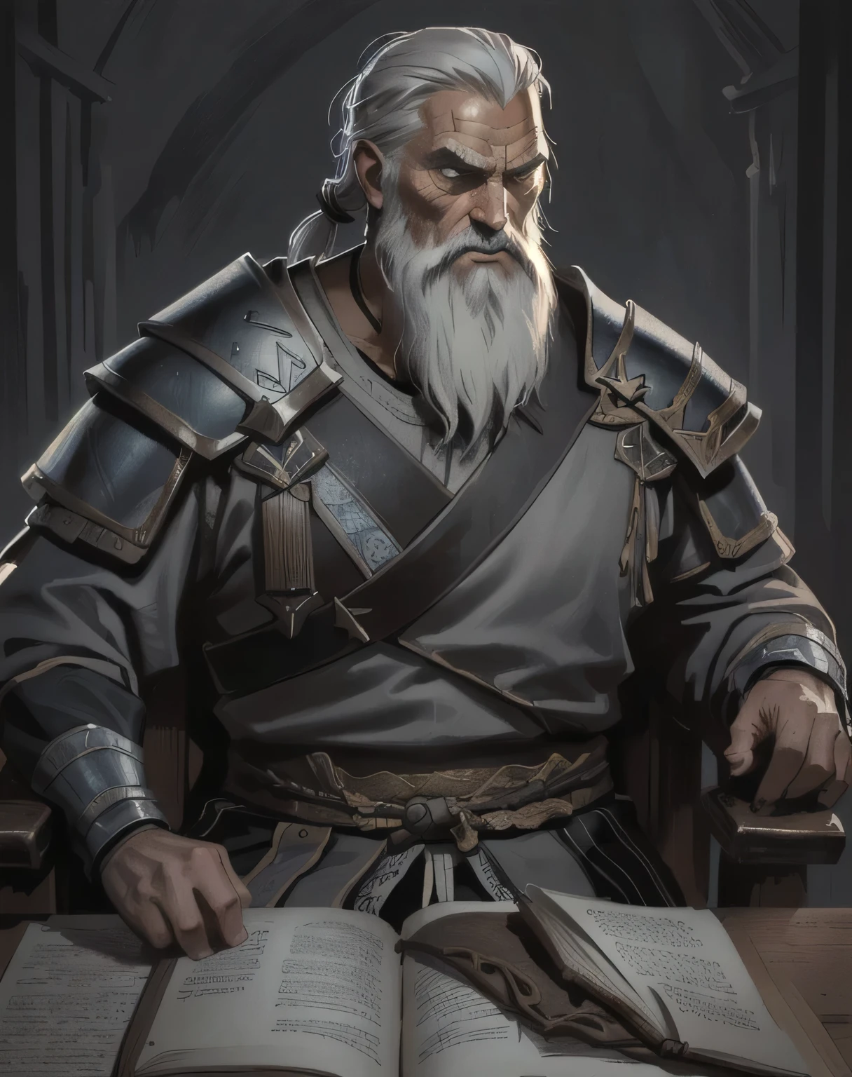 "A dark, biblical-style illustration of a 50-year-old Viking with a very short grey beard and grey hair tied in a ponytail. He is sitting on a chair reading a book. He has a tough, hard expression and exudes strength and determination. He wears traditional Viking armor and stands with a commanding presence, depicted in the dramatic, intricate style of Gustave Doré --ar 1:1"
