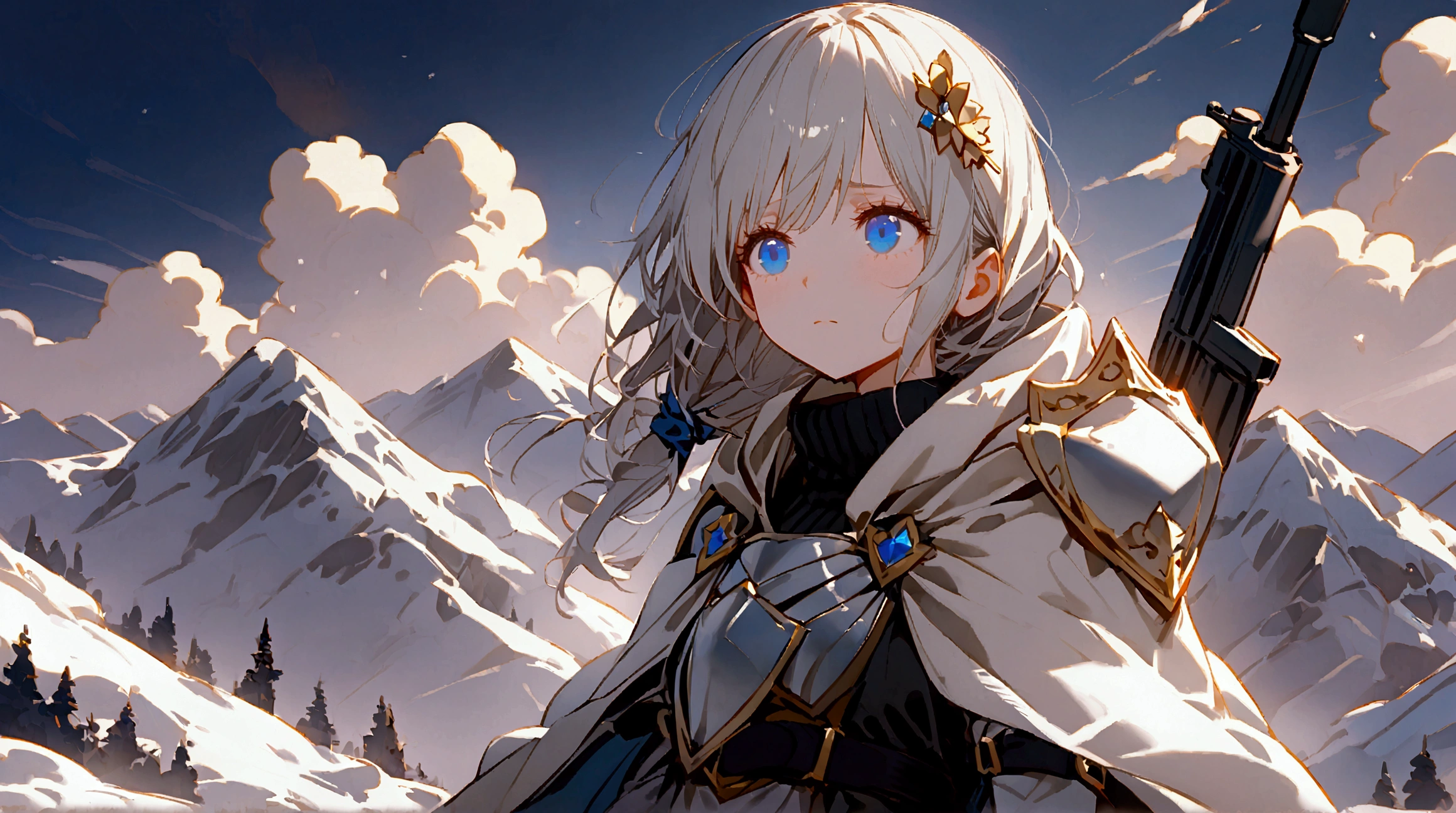 Girl with silver hair , with blue eyes ,  on her hair, a hairpin with a crown  ,  in a black turtleneck with open shoulders , wearing a warm white cloak with a hood  , , the girl is equipped with light armor, ry armor on her arms, shoulders and knees,   on her hair weighs a sniper rifle behind her back on her belt  , , the look is irritated and depressed  ,  The gaze is directed upwards ,  against the snowy mountains      