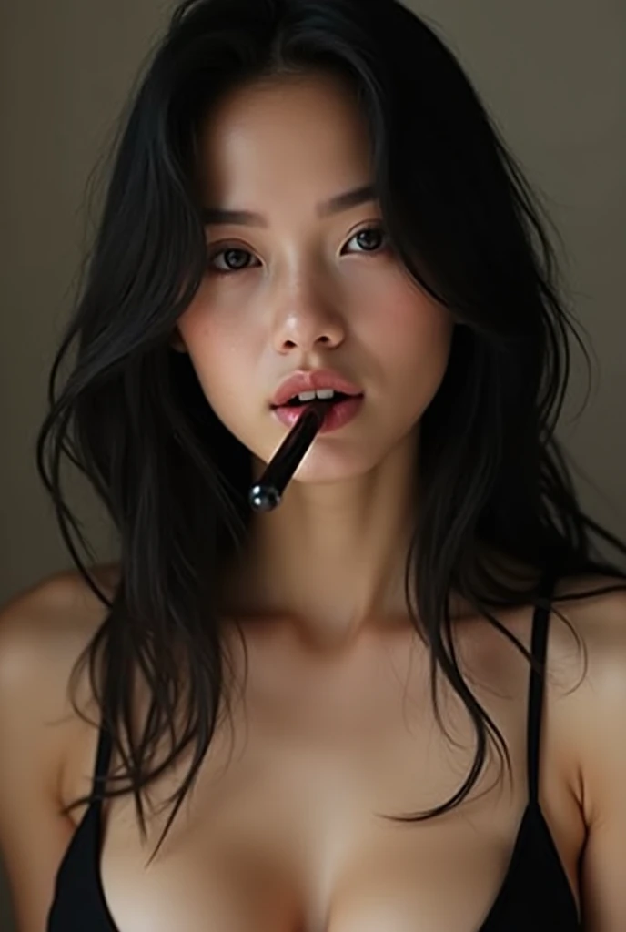cinematic photography of a skinny beautiful China sexy supermodel Liu Wen sitting nudist on a counter holding a cigarette, Liu Wen realistic face, very beautiful face, perfect detailed eyes, pointy nose, sexy lips, smoking cigarette, messy brown hair and a perfect skinny body, beautiful big breasts, areola protruding, pointy nipples, slim abs, skinny legs, very very dense pubic hair, very very thick pubic hair, gorgeous female Liu Wen, very pretty nude model, big breasts, sexy Chinese girl with hairy pusdy, skinny nude model, beautiful alluring Chinese teen, dark brown hair and light yellow skin, stunning nude model, gorgeous Chinese model Liu Wen, she wears an open leather jacket