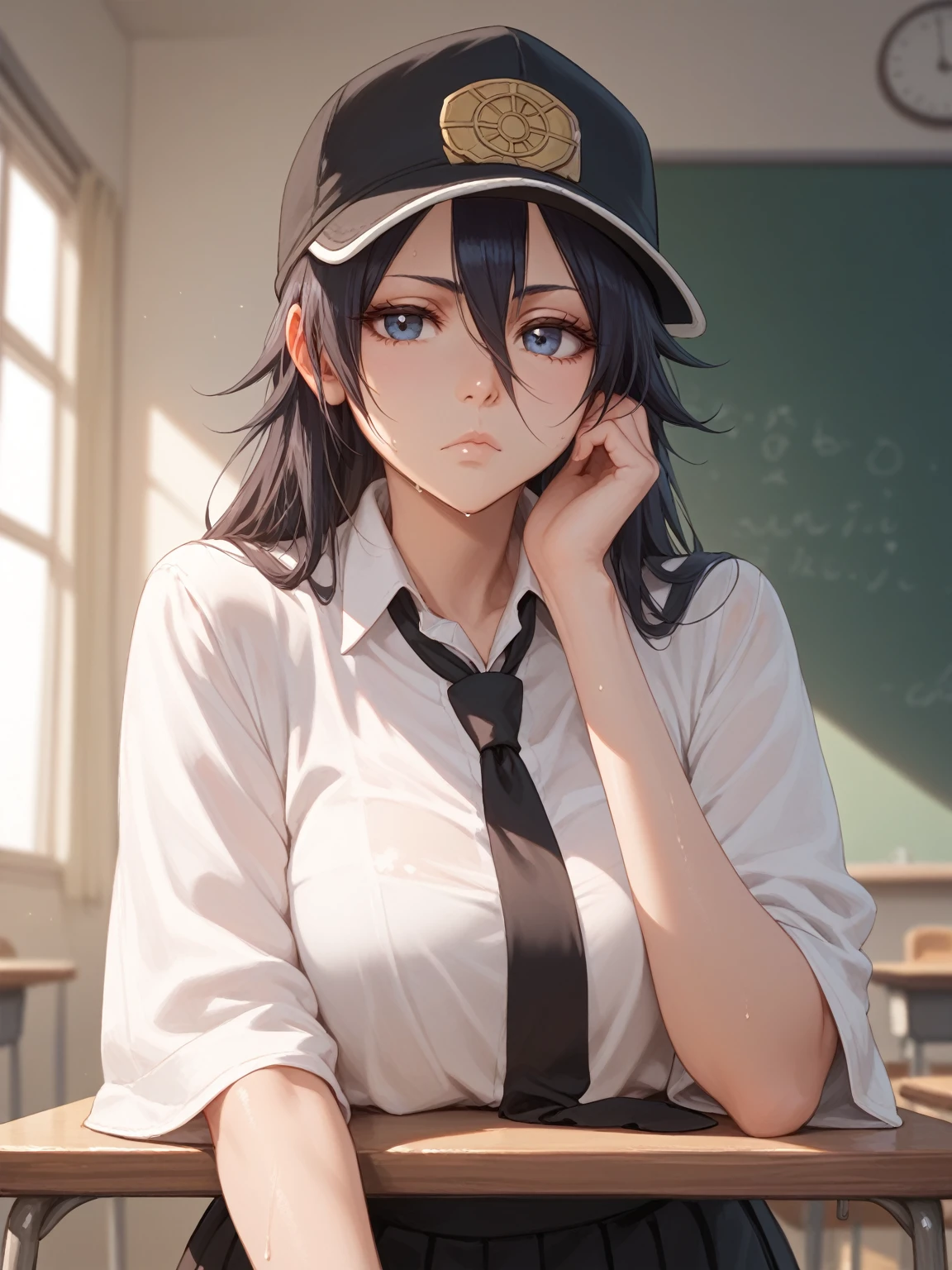 Front view, anime, Retsu Unohana is nifty girl aged 18, bored posed, cap, necktie, sweaty, in the classroom, noon light, (masterpiece, best quality, highly detailed), bleach-series,