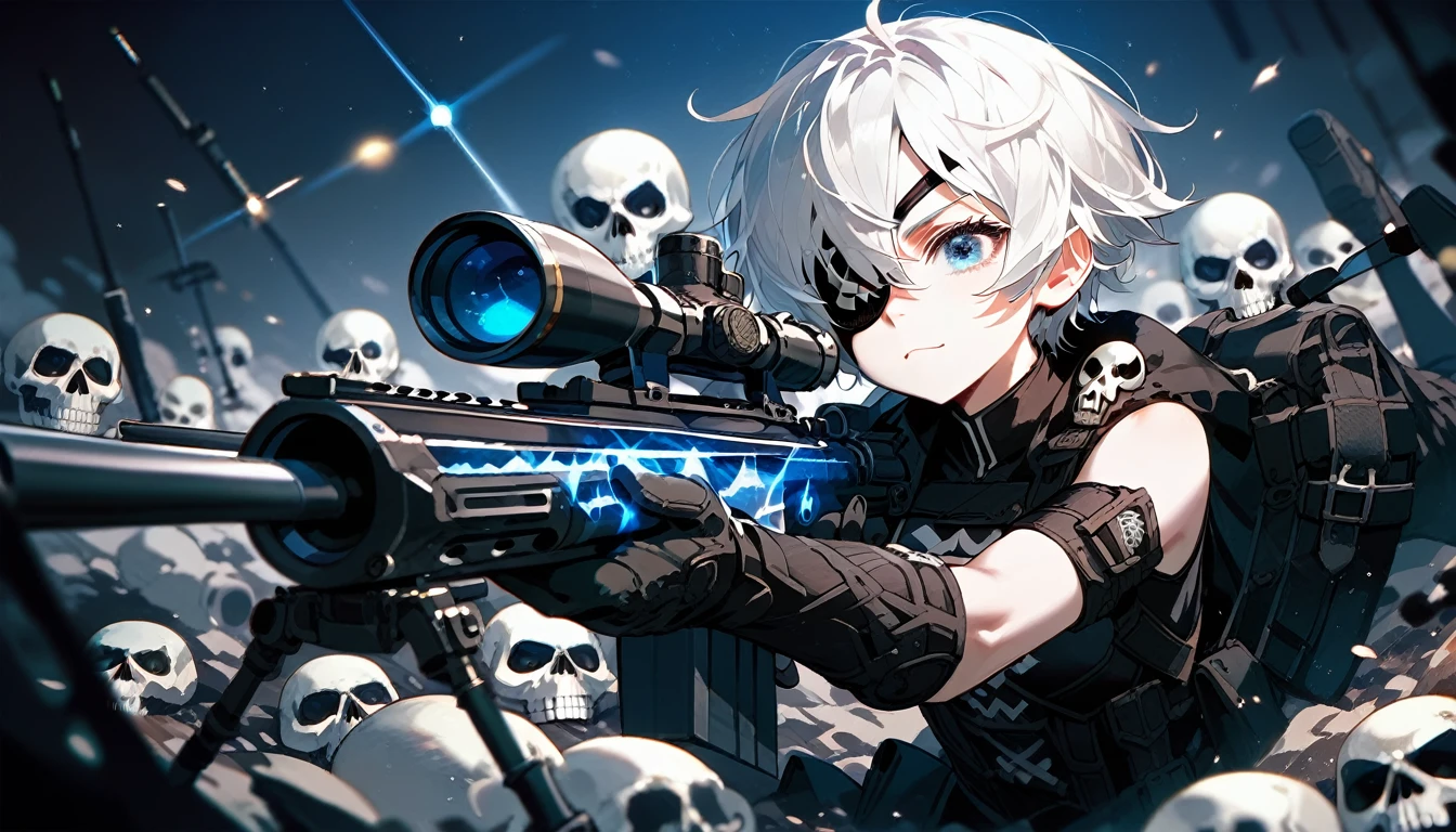  ,White hair,Short hair, eyes patch, in blue eyes, Medium Chest,Dark circles under the eyes,cute,Wearing black gloves ,Sleeveless shirt, holding a black sniper,White skull on the shoulder, black shorts, sniper 