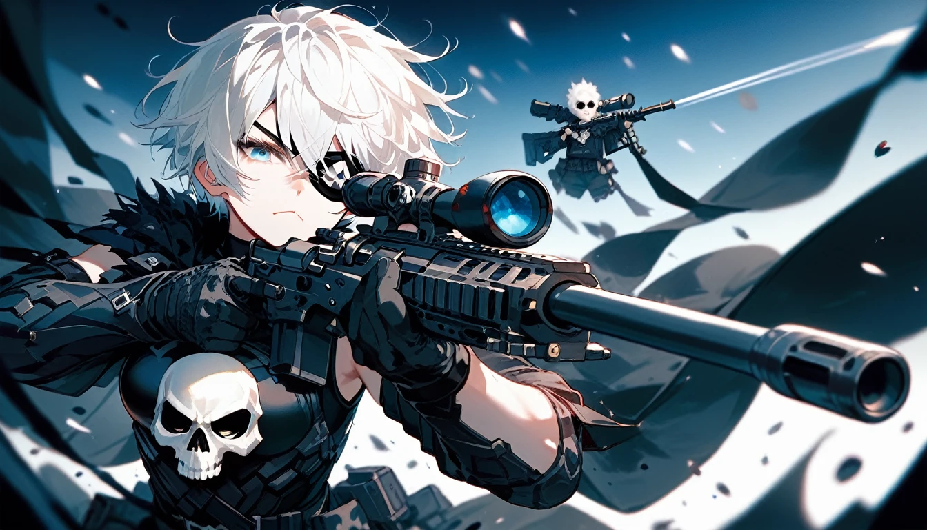  ,White hair,Short hair, eyes patch, in blue eyes, Medium Chest,Dark circles under the eyes,cute,Wearing black gloves ,Sleeveless shirt, holding a black sniper,White skull on the shoulder, black shorts, sniper ,Serious face