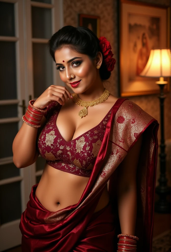 The scene unfolds in a grand, opulent study room with warm, soft lighting, casting a sensual glow over the interior. The South Asian woman, standing tall and confident, is the center of attention. She wears a luxurious maroon sari, the fabric rich and flowing with intricate gold embroidery that highlights her milfy  figure. The sari drapes elegantly over her body, with the deep maroon color contrasting beautifully against her smooth skin and lacy bra . Her large breasts and wide hips are accentuated by the form-fitting fabric, making her silhouette both bold and seductive.

Her heavy gold jewelry—an elaborate necklace, multiple bangles on her wrists, and a delicate nose ring—gleams brightly, adding to her regal and commanding presence. Her updo hairstyle is adorned with a red flower,gray hair,while a gold hairpin catches the light, framing her face and drawing attention to her flawless features. The bold smokey eyeshadow and long curled lashes amplify the intensity of her seductive gaze, which locks onto the 24year man  beside her. Her full lips, painted in a deep, rich shade, slightly curl upward in a subtle but provocative smile, enhancing her aura of control and allure.

In her hand, she holds a porn magazine, the magazine slightly crinkled at the edges, symbolizing both the power she holds and the terms she seeks to impose on the boy

The man  dressed in a black shorts only contrasts with the warm tones of the room, stands close to her. His posture is tense, his hand gently resting on her shoulder, his expression one of hesitation, fascination, and perhaps a bit of uncertainty. His gaze is drawn to her, captivated by her beauty and the power she exudes, yet unsure of what 