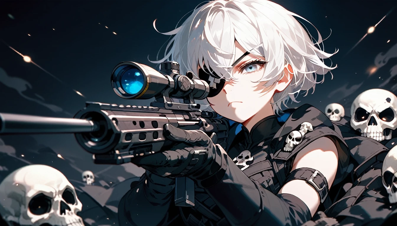  ,White hair,Short hair, eyes patch, in blue eyes, Medium Chest,Dark circles under the eyes,cute,Wearing black gloves ,Sleeveless shirt, holding a black sniper,White skull on the shoulder, black shorts, sniper ,Serious face