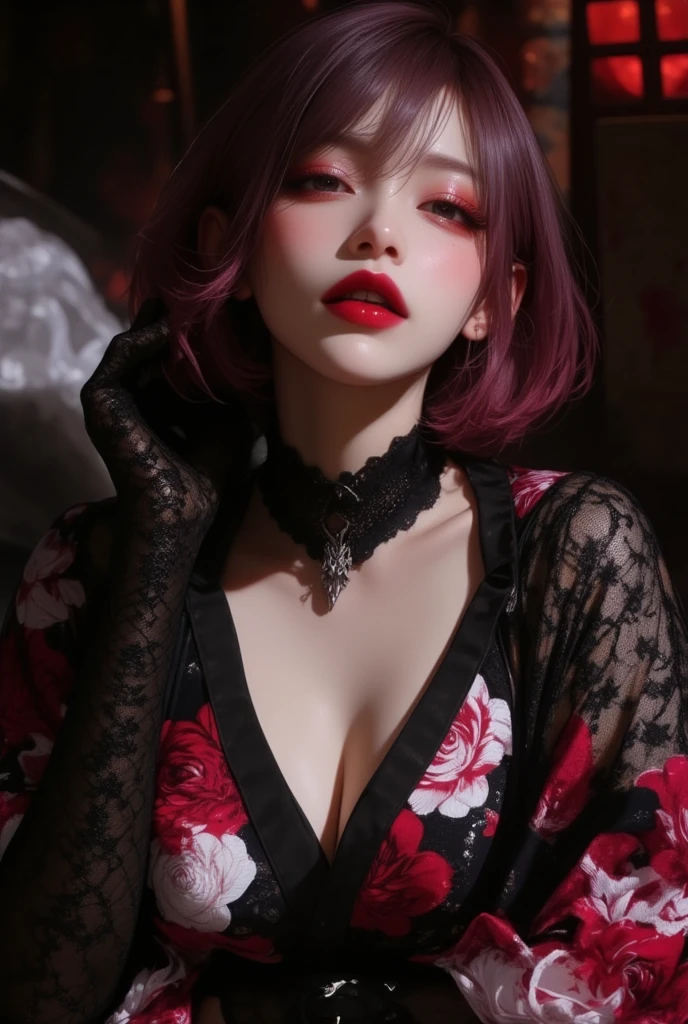 1girll, Heart-shaped pupils, finger nails, White hair, Purple eyes, (Blush:1.1), choker necklace, Upper body, Trembling, Sweat, drops of sweat, Heart, (Medium breasts:0.6), Love, Heart, Crop top, cheerfulness, Smile, Lace, Bokeh, (freckle:0.8), Natural skin texture, Portrait, (Red_Background:1.3),