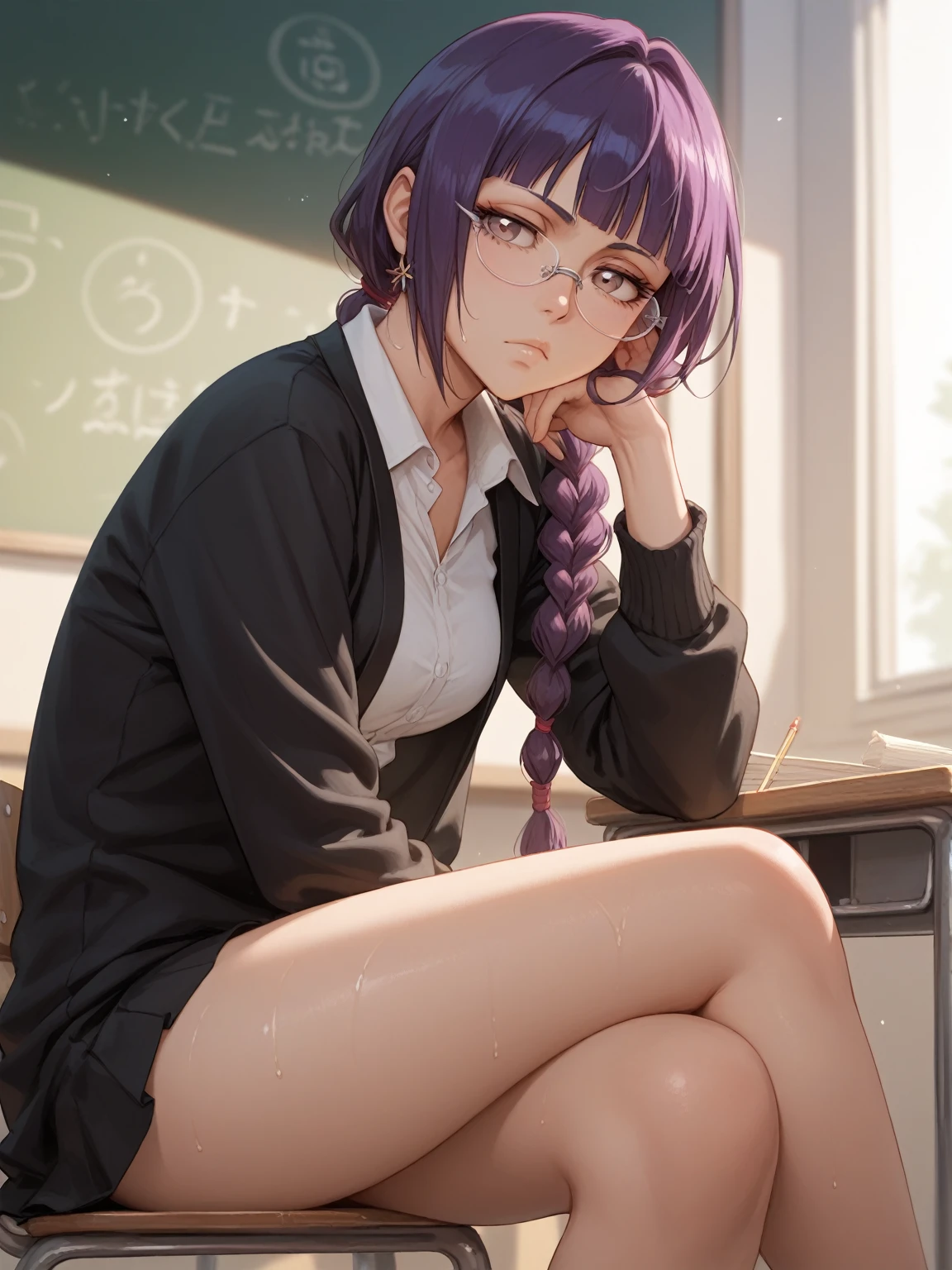 fit view, anime, Shutara Senjumaru is nifty girl aged 18, bored posed, glasses, thighs, sweaty, in the classroom, noon light, (masterpiece, best quality, highly detailed), bleach-series,