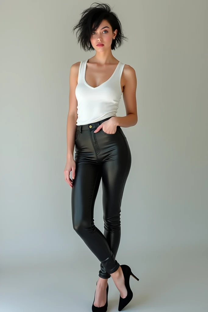 full body woman, 15 years old sexy sensual sports and fashion model, studio advertising photo shoot, standing in front of gray cracked stained concrete wall, black very long wavy hair, Brown eyes, smal breast, muscular arms, broad shoulders, long thighs, leather pants, white white polo, high heeled leather boots, silver necklace, silver hoop earrings, silver bracelet, , in photo studio, spot lighting on face highlight on hair, shallow depth of field, bokeh, 8K, High quality, masterpiece, best quality, HD, highly detailed, volumetric lighting, photo realistic