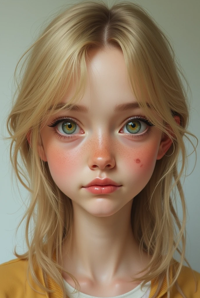 Blonde girl blue eyes freckles on face 
