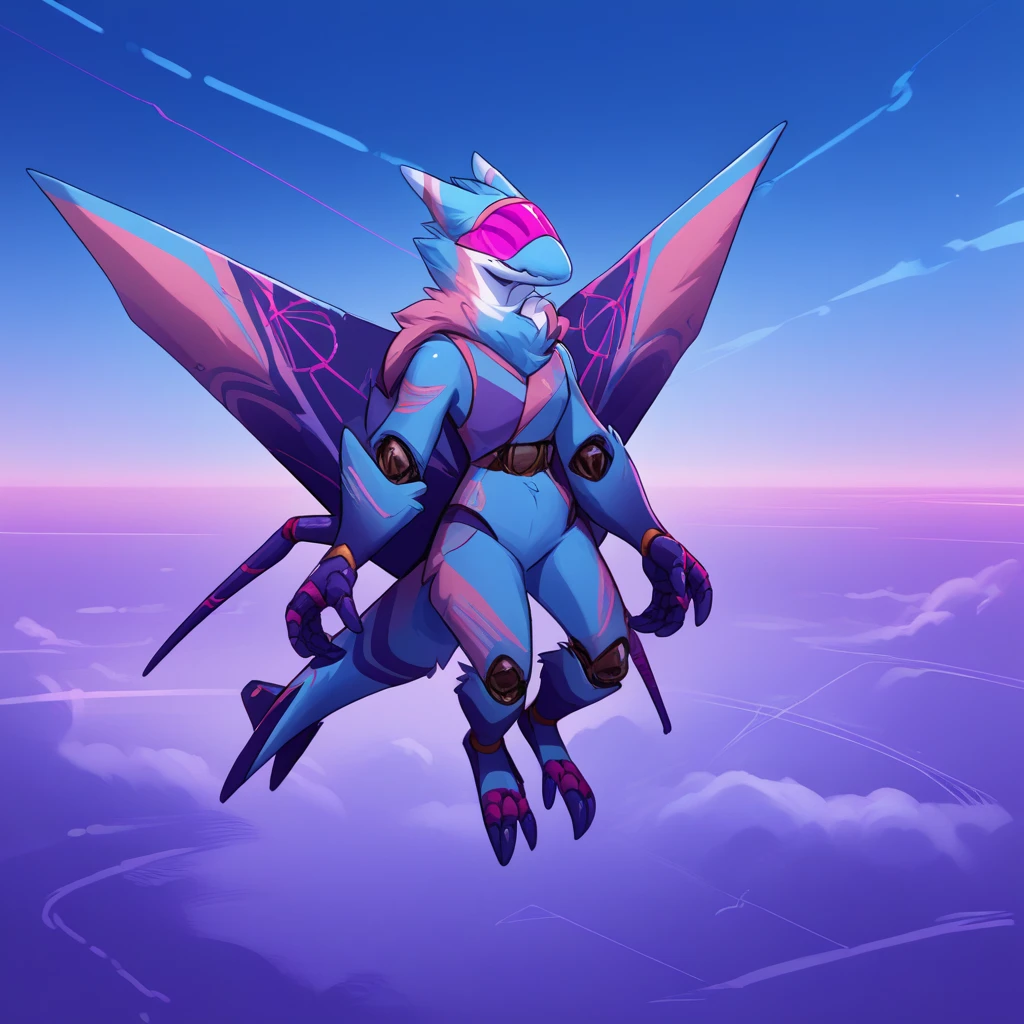 planedragon, visor, anthro, score_9, score_8_up, score_7_up, rating_safe, source_furry, Arachlich with sky-blue blue-gray purple magenta and tan color palette
