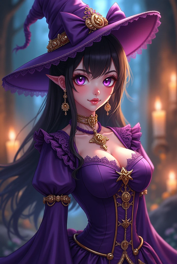 Detailed textures, high quality, high resolution, high accuracy, realism, color correction, correct lighting settings, harmonious composition. the cover of the art book "Harlequin dreamer" in a witch cat costume on a futuristic background, 1 girl, chest, witch hat, hat, cat ears, ears under the hat, smile, parted lips, mystical eyes, jewelry, earrings, solo, neckline, curvaceous, looks at the viewer, long sleeves, black hair, stands in a mystical forest, fantasy forest, at night, witch, Artoria custer (third ascension), Magic circle, Circle mantra, magic, white hell