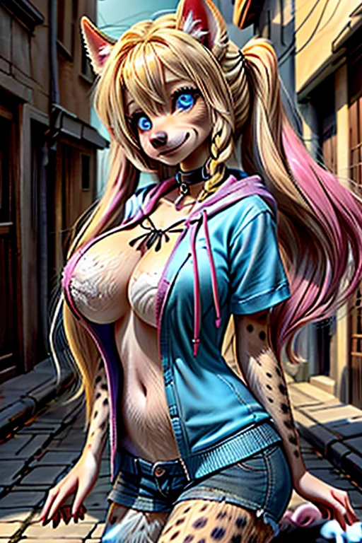 (detailed eyes:1.3), Beautiful Lighting, (1girl:blue eyes, blonde hair, long hair, hair intakes, twintails, blue and pink highlights, (hair between eyes:1.1)), photo realistic, (outdoors, alley:1.3), (hoodie:1.3), black choker, short sleeves, dynamic angle, (bottomless:1.2), Harley Quinn transforming into an anthro hyena, (no hair:1.5), all fours, breasts, large breasts,