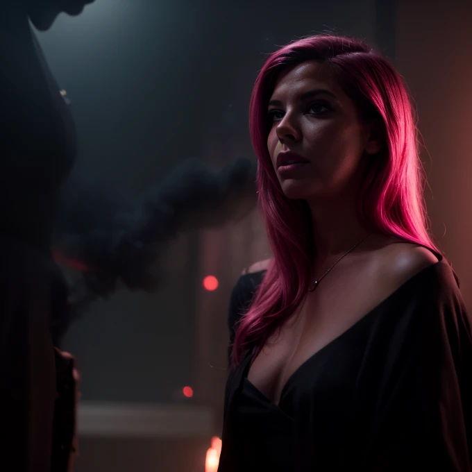 cinematic film still of FelissaRose006 looking at the camera, pink hair, holding cigarette, dark room, blade runner style, sunset, volumetric lighting (smoke:1.3) 
 