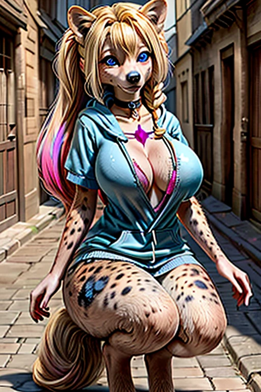 (detailed eyes:1.3), Beautiful Lighting, (1girl:blue eyes, blonde hair, long hair, hair intakes, twintails, blue and pink highlights, (hair between eyes:1.1)), photo realistic, (outdoors, alley:1.3), (hoodie:1.3), black choker, short sleeves, dynamic angle, (bottomless:1.2), Harley Quinn transforming into an anthro hyena, (no hair:1.5), all fours, breasts, large breasts,