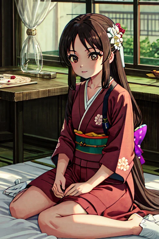 masterpiece,  best quality,  absurd, perfect anatomy,  1 girl, Alone,  Brown Eyes , bangs, Long Hair, indoor, kimono,  IN BED,  hair flower, Floral print, wariza,  is sitting,  I'm putting my hands on my knees, Moonlight