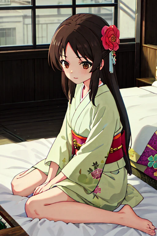 masterpiece,  best quality,  absurd, perfect anatomy,  1 girl, Alone,  Brown Eyes , bangs, Long Hair, indoor, kimono,  IN BED,  hair flower, Floral print, wariza,  is sitting,  I'm putting my hands on my knees, Moonlight