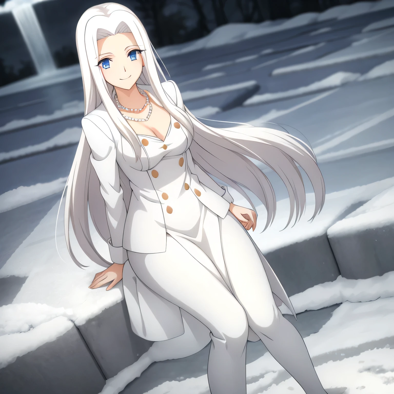 Irisviel,WHITE winter jacket,looking at viewer,beautiful smile,arm at side,Middle large size of breasts,beautiful jacket ,pearls necklace,,high quality,Very feminine irisviel looking,,soo white skins,4k,60fps,HD,black tall shoes,shadows on character body,high graphics,in ice mountain,blue eyes,winter,Covered jacket,