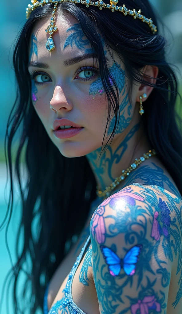 Un barco de lujo y una hermosa mujer bronceada, Cuerpo definido y tatuado tomando el sol en la proa del barco.  (La mejor calidad)  obra maestra ((body tattoo)) (blue hair) ((Big breasts))