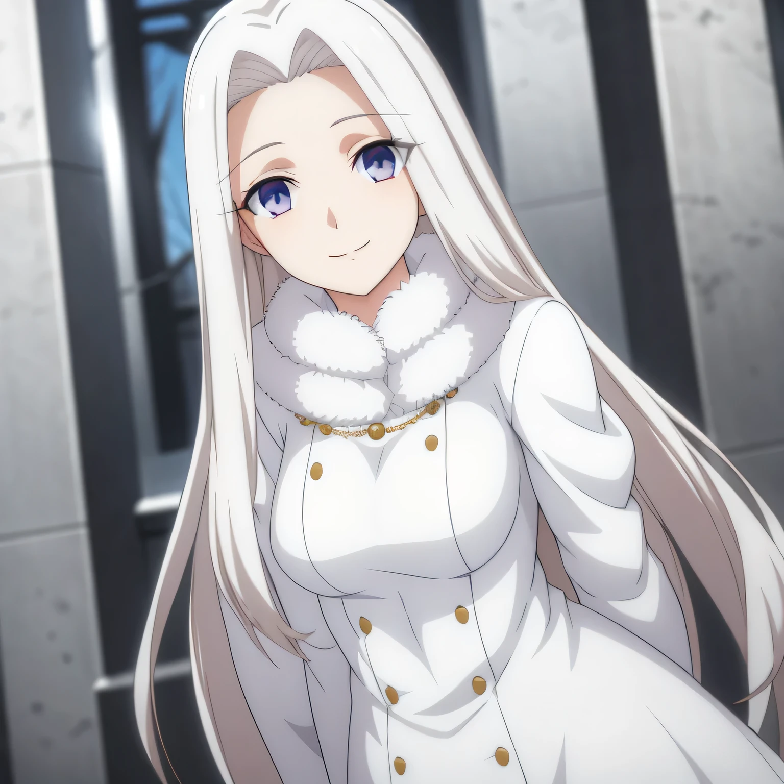 Irisviel,WHITE winter jacket,looking at viewer,beautiful smile,arm at side,Middle large size of breasts,beautiful jacket ,pearls necklace,,high quality,Very feminine irisviel looking,,soo white skins,4k,60fps,HD,black tall shoes,shadows on character body,high graphics,in ice mountain,blue eyes,winter,Covered jacket,