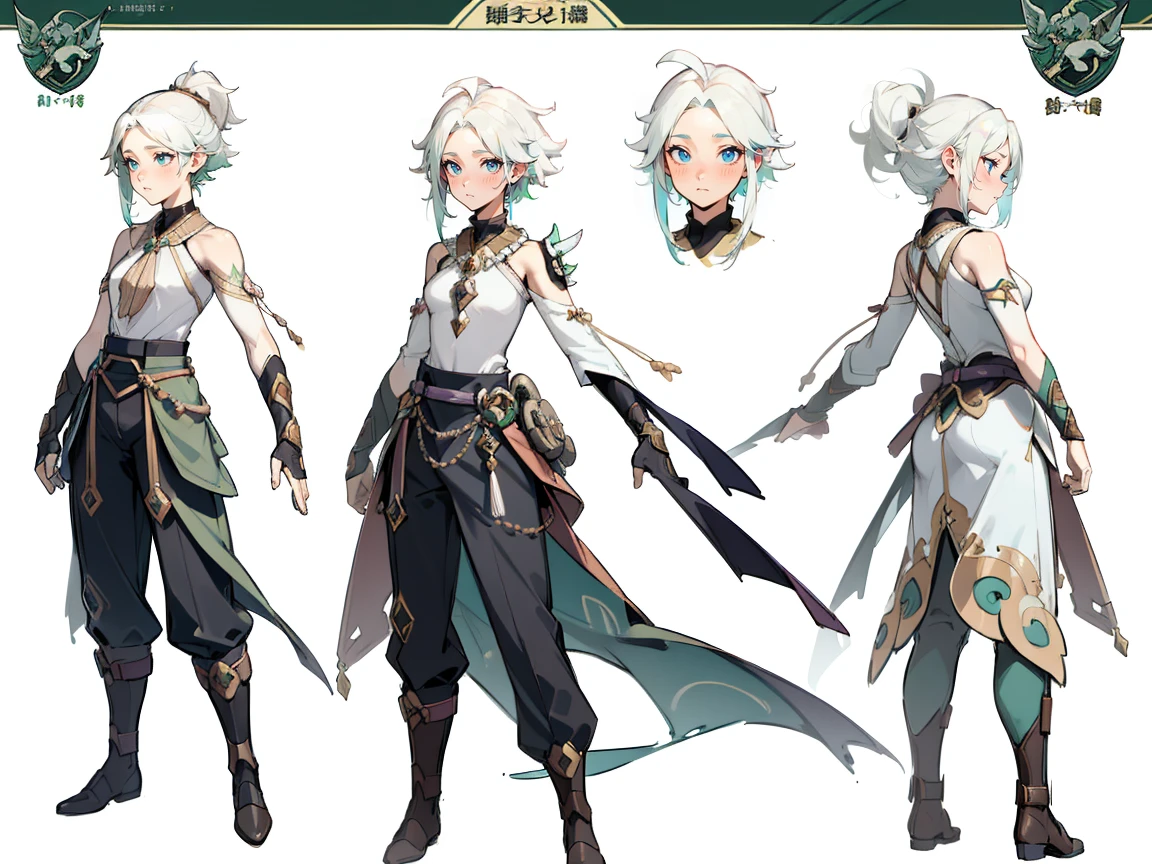 

((masterpiece)),(((best quality))),(character design sheet, same character,), elven woman, ((side view:0.5)) anime girl, Gesture, character design. ((green eyes)). 1girl, solo, teenager, ((white hair)), ((green eyes)), pants, long sleeves, pointed ears. ((black clothes))
