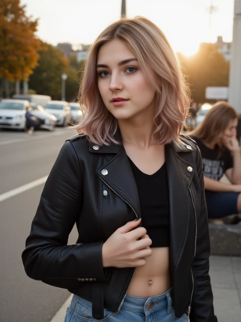 Feminine punk girl with blond hair combed to the right and dyed red hair ends, in a leather biker jacket, torn jeans with patches, a detailed face, brown eyes, a pretty nose with a small ring-piercing in the left nostril, the girl walks along the street of evening autumn St. Petersburg, in the background the setting sun,