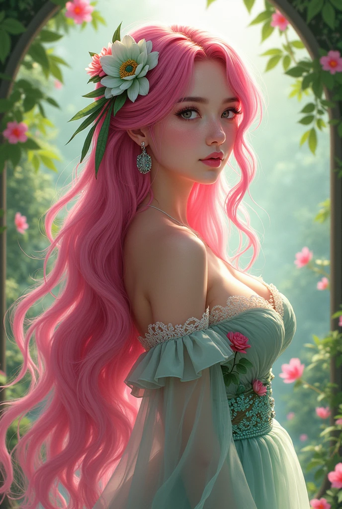 (melhor qualidade,ultra-detalhado,Realistic:1.37),oil painting,Woman standing in a field,long flowing pink hair,olhos verdes,wind blowing through her hair, usando um vestido floral claro,peaceful atmosphere,Luz do sol iluminando a cena,cores naturais,natural lighting,grama detalhada e flor,beleza feminina, romantico, campo, flor, corpo inteiro, grama nos pes, flor, HD, 4K, highes definition,
