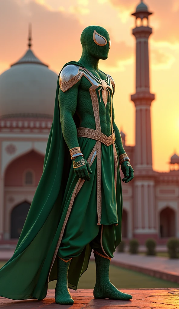 Create an image of Hulk wearing a traditional Muslim suit, complete with a turban and intricate patterns. The suit should be a blend of Iron Man's iconic armor and the elegant, flowing style of traditional Muslim attire. Ensure the color palette combines the classic green , deep colors often seen in Muslim garments. With al aqsa in background"
