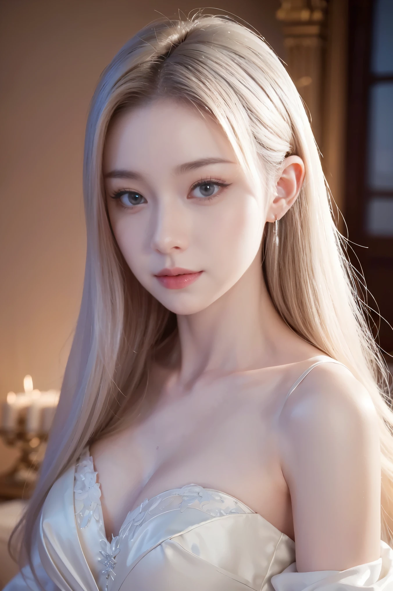 ashelia, photorealistic young medieval white-haired woman, flat chest, small bust, 8k, medieval palace, A beautiful adult woman with a soft face, perfect brown eyes, detailed face, long eyelashes, silk flower fantasy background, cinematic photorealistic lighting, dramatic night scene, (best quality,4k,8k,highres,masterpiece:1.2),ultra-detailed,(realistic,photorealistic,photo-realistic:1.37),cinematic,dramatic,moody,celestial white light