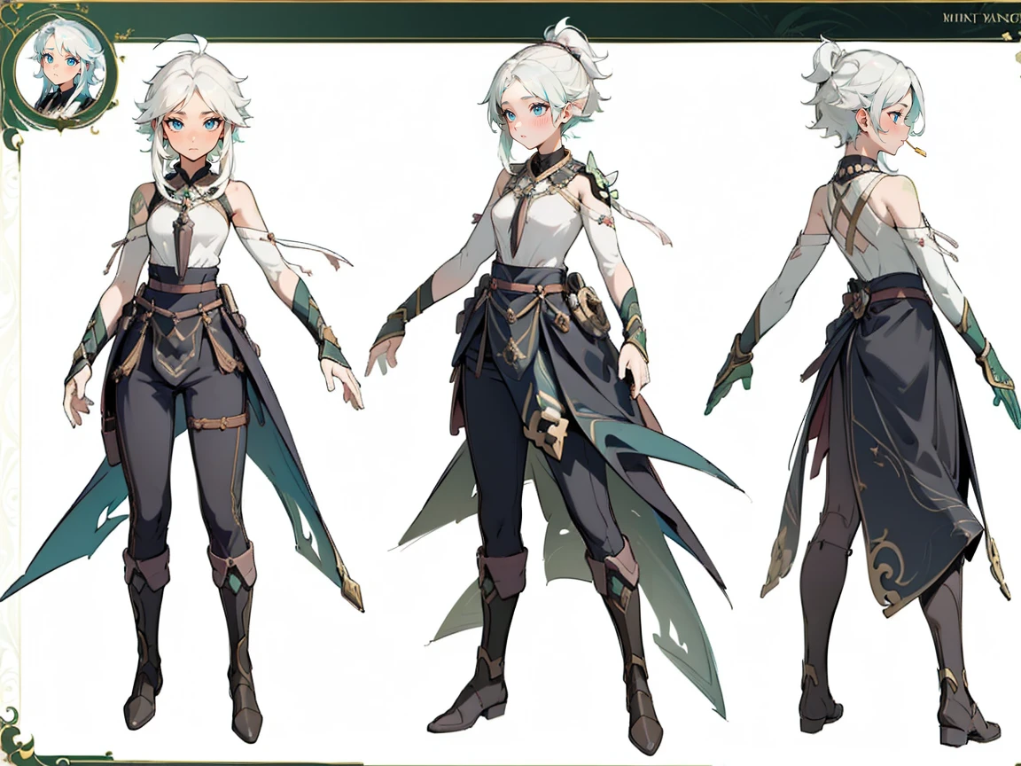 

((masterpiece)),(((best quality))),(character design sheet, same character,), elven woman, ((side view:0.5)) anime girl, Gesture, character design. ((green eyes)). 1girl, solo, teenager, ((white hair)), ((green eyes)), pants, long sleeves, pointed ears. ((black clothes))
