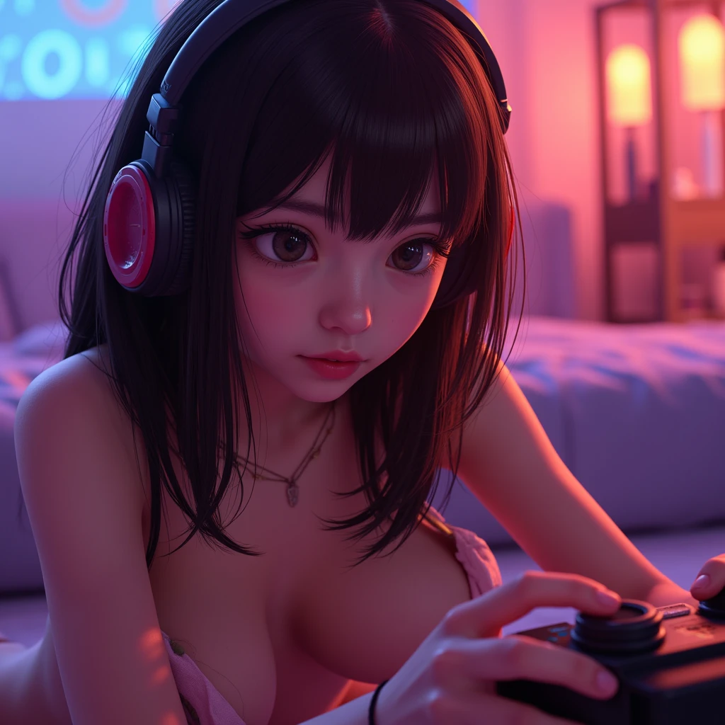 One Woman、beautiful girl、Sit on a chair、Dark Room、computer、Sit in a gaming chair、High-end headphones、Grip the game controller、Operate the controller、The bra is see-through、There are sweets on the table、computerに向き合う、beautiful girl, Highest quality, T-Shirts、Lower body is panties only、Thick thighs、Big 、Big Ass、Black Hair、long hair、Bangs、Sweaty body、I'm sweating all over、Lewd sound effects、Stripes々Panties、Lower body is panties only、Playing 18+ games、Love juice on pants、Angle from directly below、Staring at the monitor、ピチピチのT-Shirts