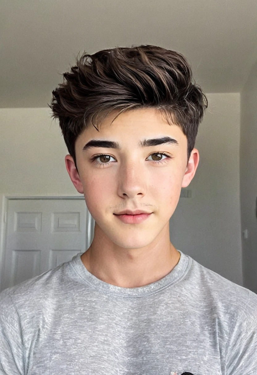 Une photo réaliste détaillée d'un jeune et beau garçon de 18 ans, caucasien, avec un visage de garçon préternaturellement mignon et réaliste (Asher Angel). nu. . maigre. cheveux courts noirs. coupe latérale. 