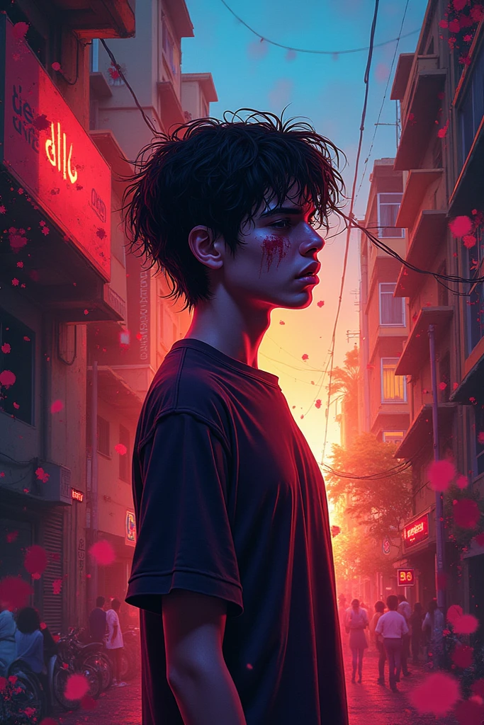 20-year-old boy with Brazilian face and round chin without beard, short hair, crop haircut, black eyes, no pimples on his face and with tattoo under his eye with red ink written love in Japanese, cyberpunk style scenario, 4k, anime 2d