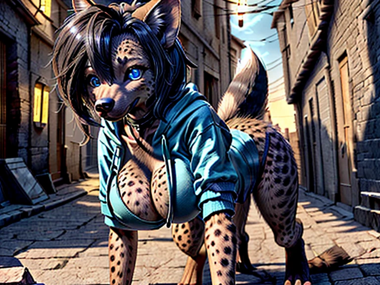 (detailed eyes:1.3), Beautiful Lighting, (1girl:blue eyes, (hair between eyes:1.1)), photo realistic, (outdoors, alley:1.3), (hoodie:1.3), black choker, short sleeves, dynamic angle, (bottomless:1.2), anthro hyena, (no hair:1.5), all fours, breasts, large breasts,