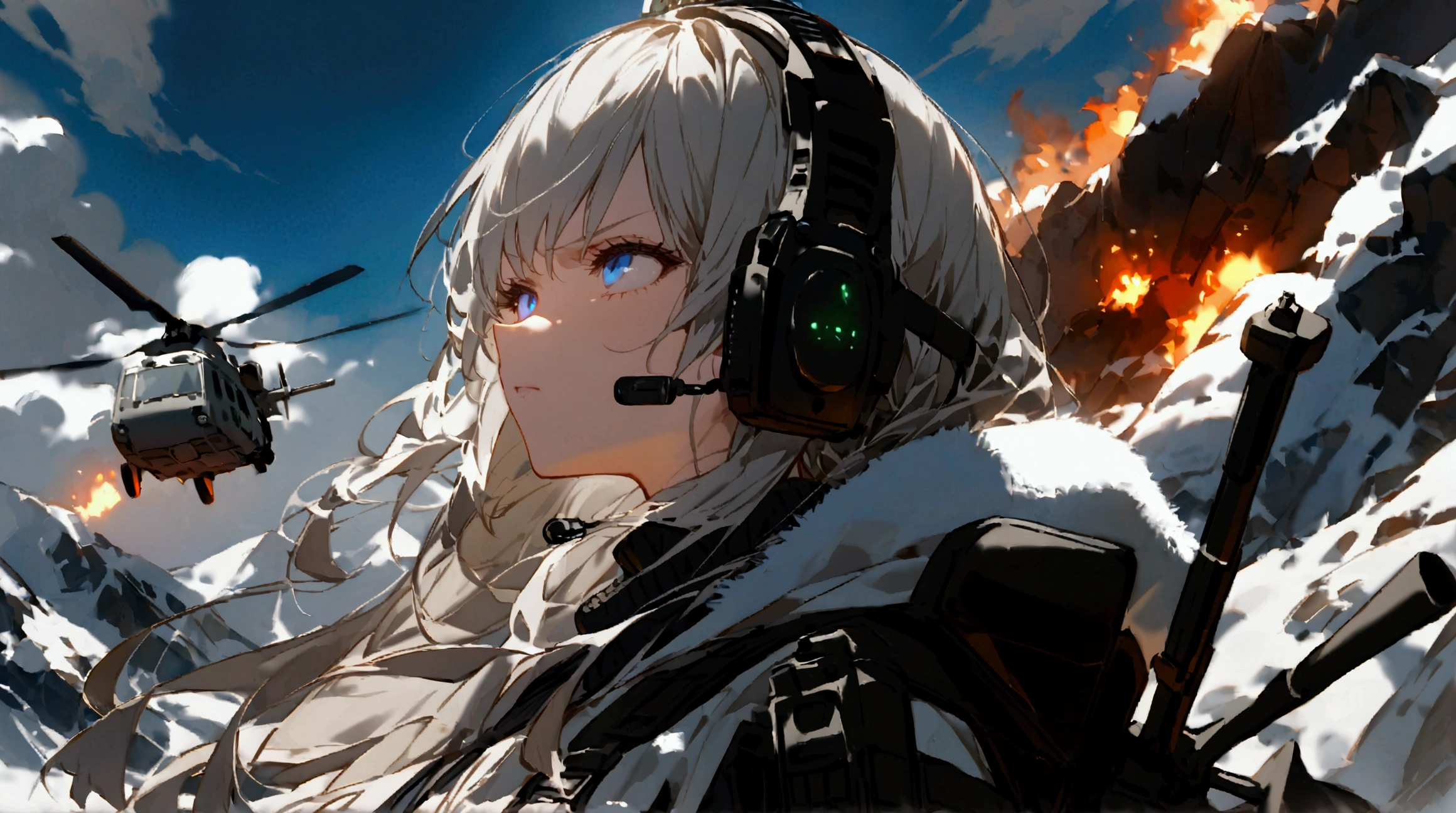 Girl with silver hair , with blue eyes ,  on her hair, a hairpin with a crown ,  long straight hair , earphone walkie talkie   ,  in a black turtleneck with open shoulders , wearing a warm white cloak with a hood  ,  The girl is equipped in modern light armor with ry armor on her arms, shoulders and knees,   behind her back on her belt weighs a sniper rifle  ,  irritated look  ,  The gaze is directed upwards ,  against the background of snowy mountains a broken helicopter is burning      