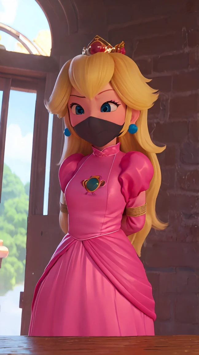 Princess Peach, , ((wearing a long pink dress)), huge breasts, upper body, masterpiece,8k, best quality, good hands,good eyes, pixarstyle, 1girl, solo, style,parody,3d,long hair, detail hair, blonde hair, maximum detail, intricate detail, extremely clear, beach, nsfw, smile, shy, blush, embaressed, ((long hair)), (tall girl), (solo, 1 girl), ((shibari, arms behind back : 1.4)) , ( full face otn gag mask), (full body view, complete body view), ((toes to head view)), ((complete body view photo)), ((standing)), Scared, (Skinny), view the viewer, ((shibari, bound arms, arms back behind:1.4)), , ((tight full face latex mask)), (otn gag), gagged, (tight latex mask), (black mask), day light, ((she wears a black mask with a mouth printed on it)), (ninja mask: 1.6), (very tight ninja mask), (ninja mask: 1.6)