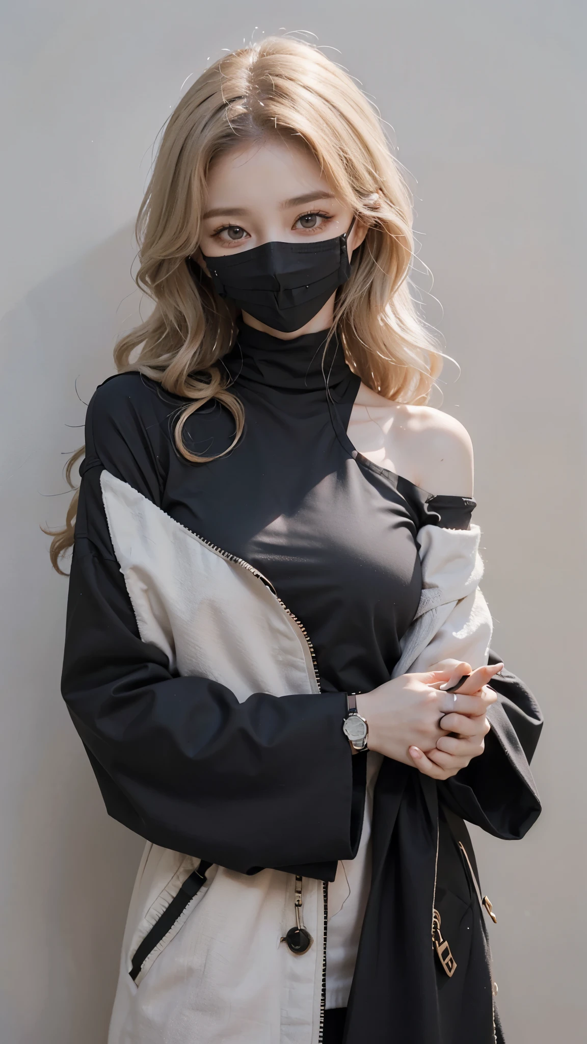in a black dress with covered face smiling with tongue out